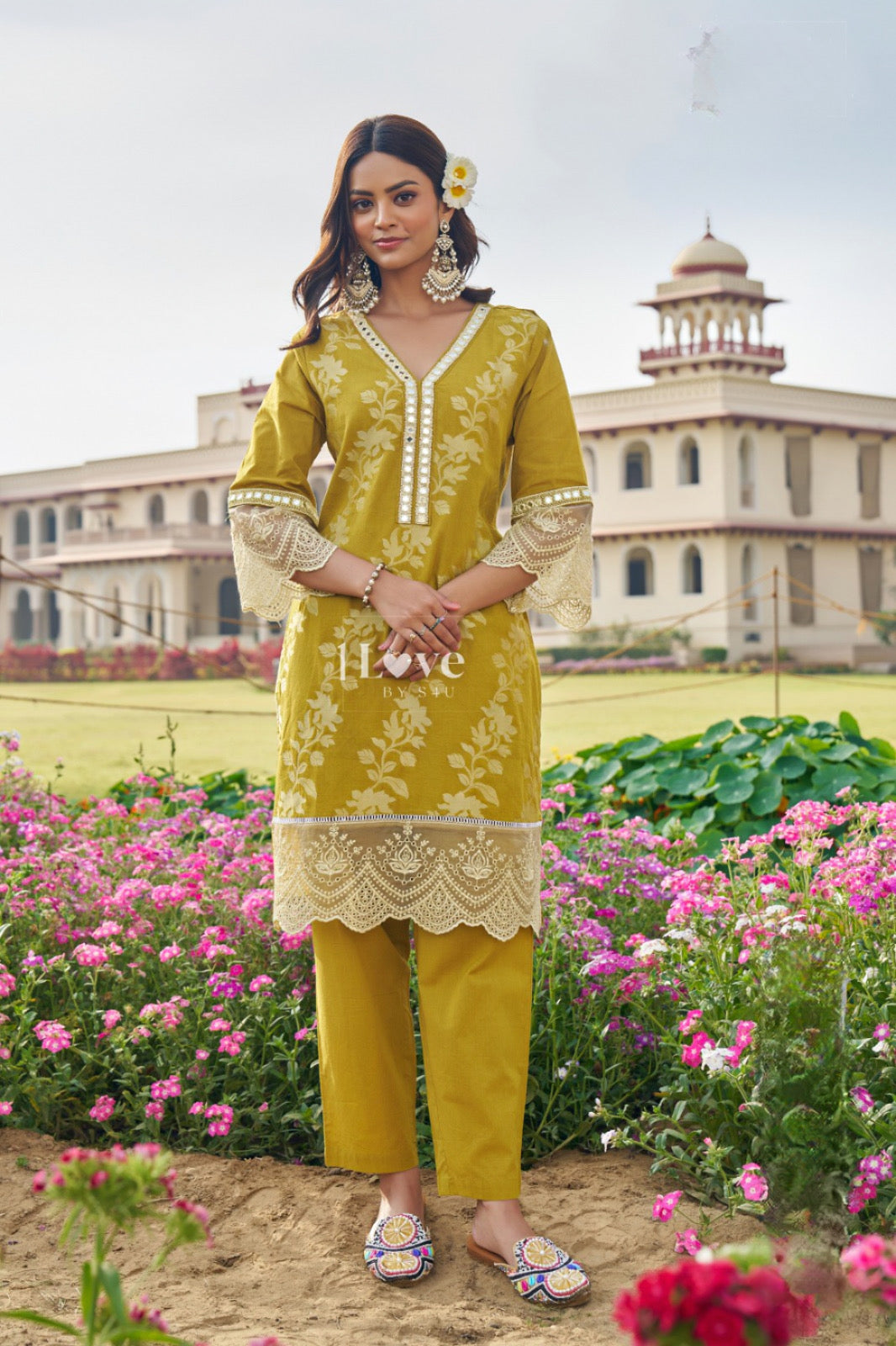 Mustard Yellow Embroidered Lace Lawn Set