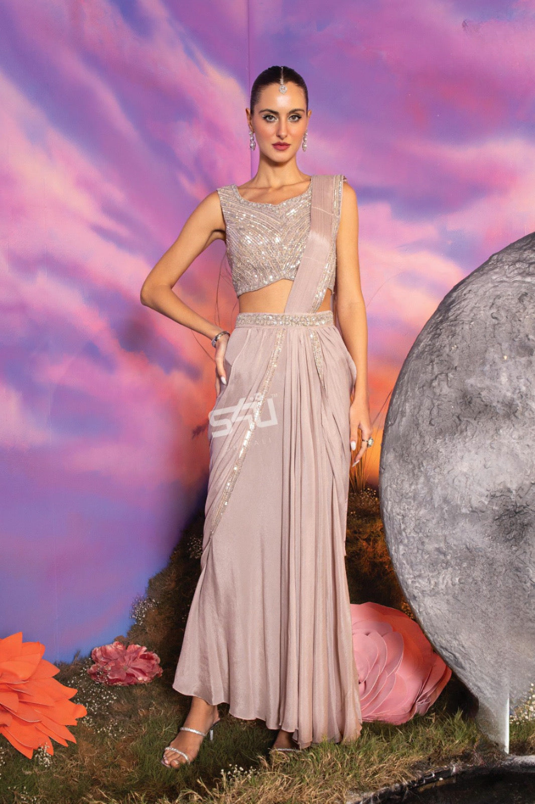 Champagne Beige Pre-draped Sequin Designer Saree |Label S4U
