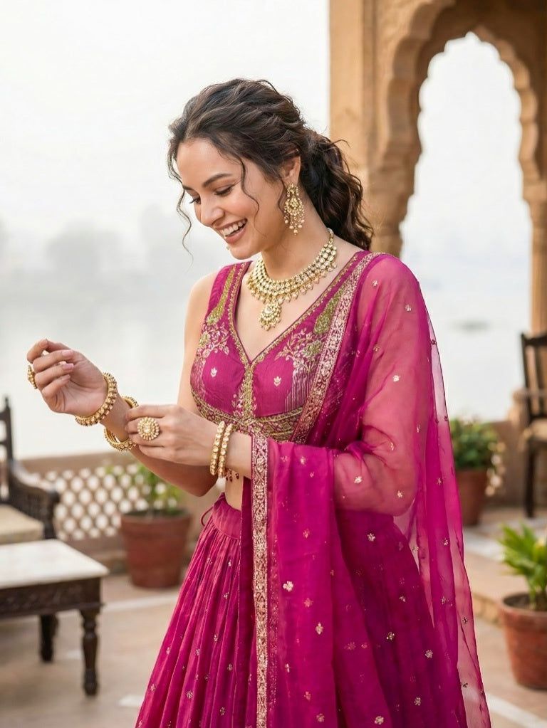 Hot Pink Embroidered Cape Lehenga Set