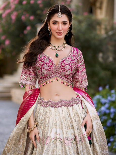 Ivory & Pink Embroidered Bridal Lehenga Set