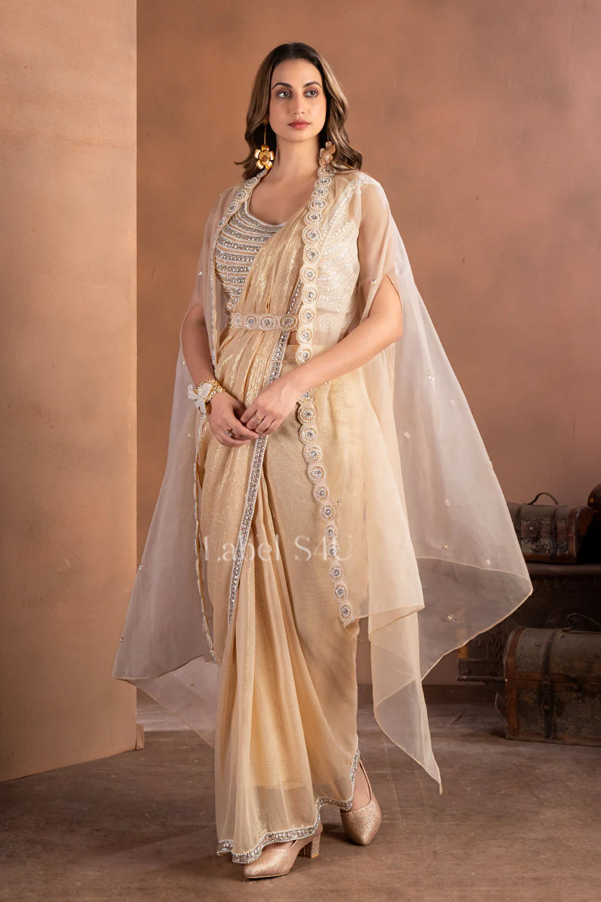 Champagne Gold Shimmer Saree Set with Cape – Luxe Occasion Wear |Label S4U