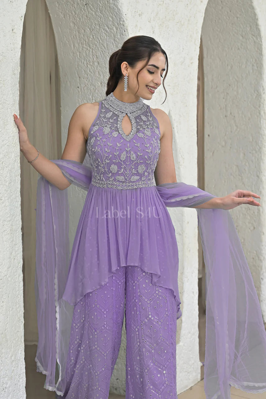 Lavender Peplum Sharara Set – Embroidered Festive Wear |Label S4U