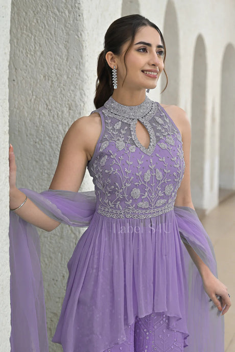 Lavender Peplum Sharara Set – Embroidered Festive Wear |Label S4U