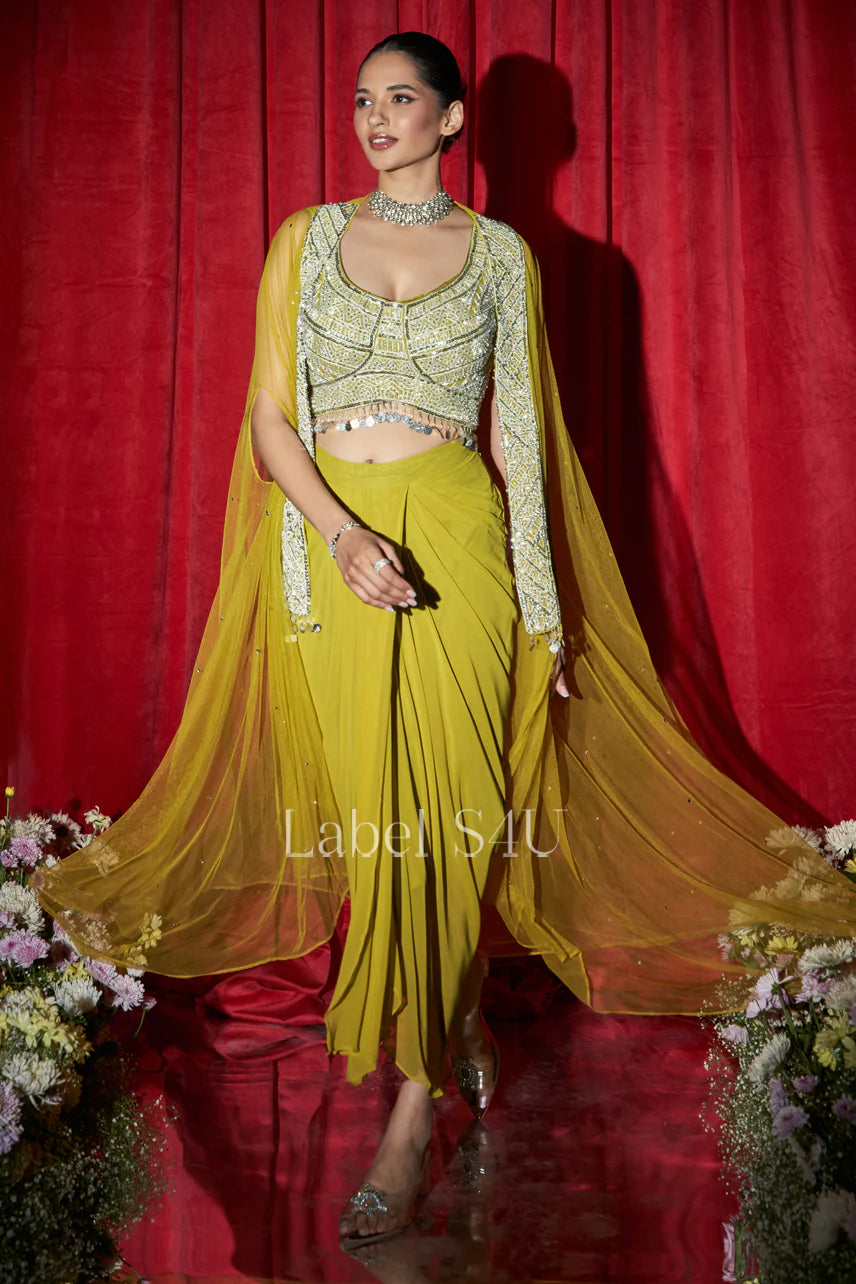 Mustard Drape Skirt & Cape Blouse Set – Festive Ethnic Wear |Label S4U