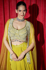 Mustard Drape Skirt & Cape Blouse Set – Festive Ethnic Wear |Label S4U