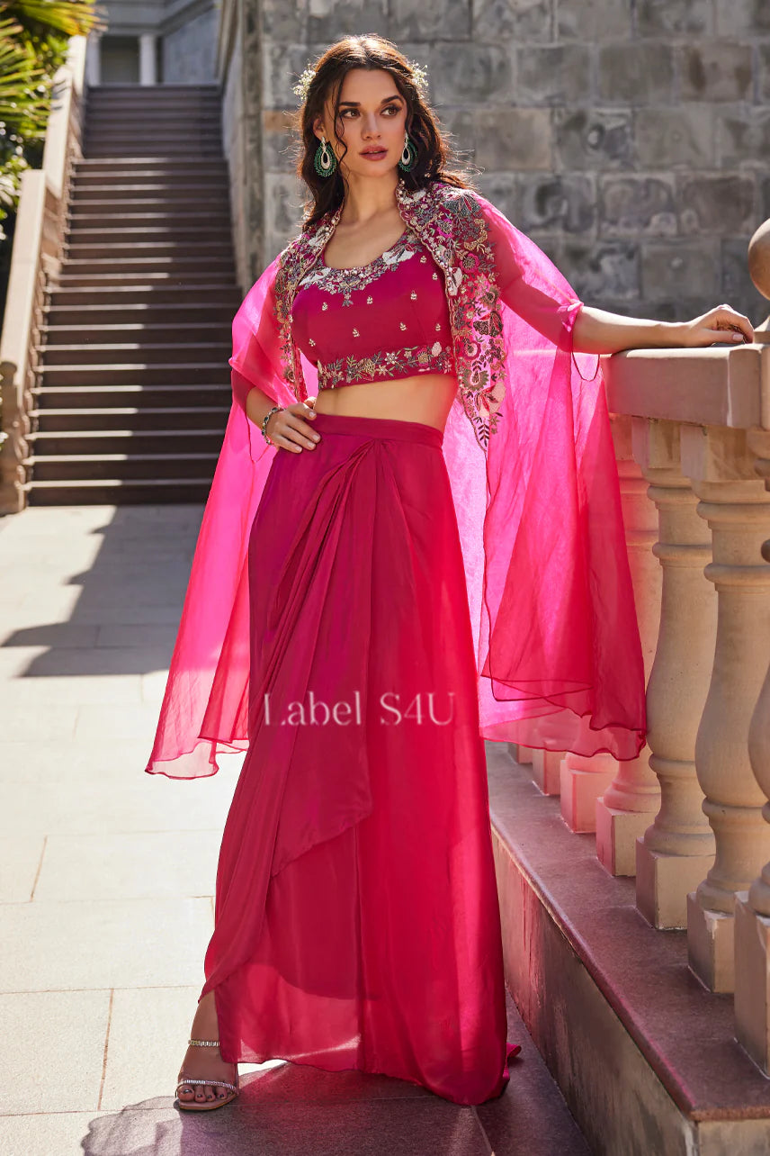 Fuchsia Pink Draped Skirt Set – Mirrorwork Cape Festive Wear |Label S4U