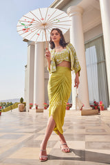 Chartreuse Drape Skirt Set with Embroidered Cape |Label S4U