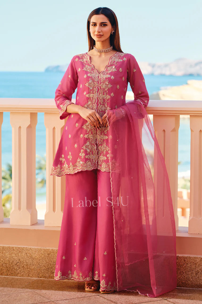 Fuchsia Pink Peplum Kurta Set – Gold Embroidered Festive Wear |Label S4U