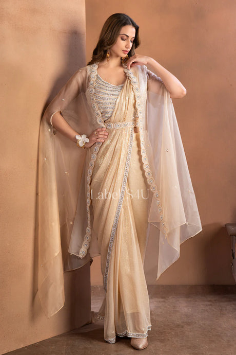 Champagne Gold Shimmer Saree Set with Cape – Luxe Occasion Wear