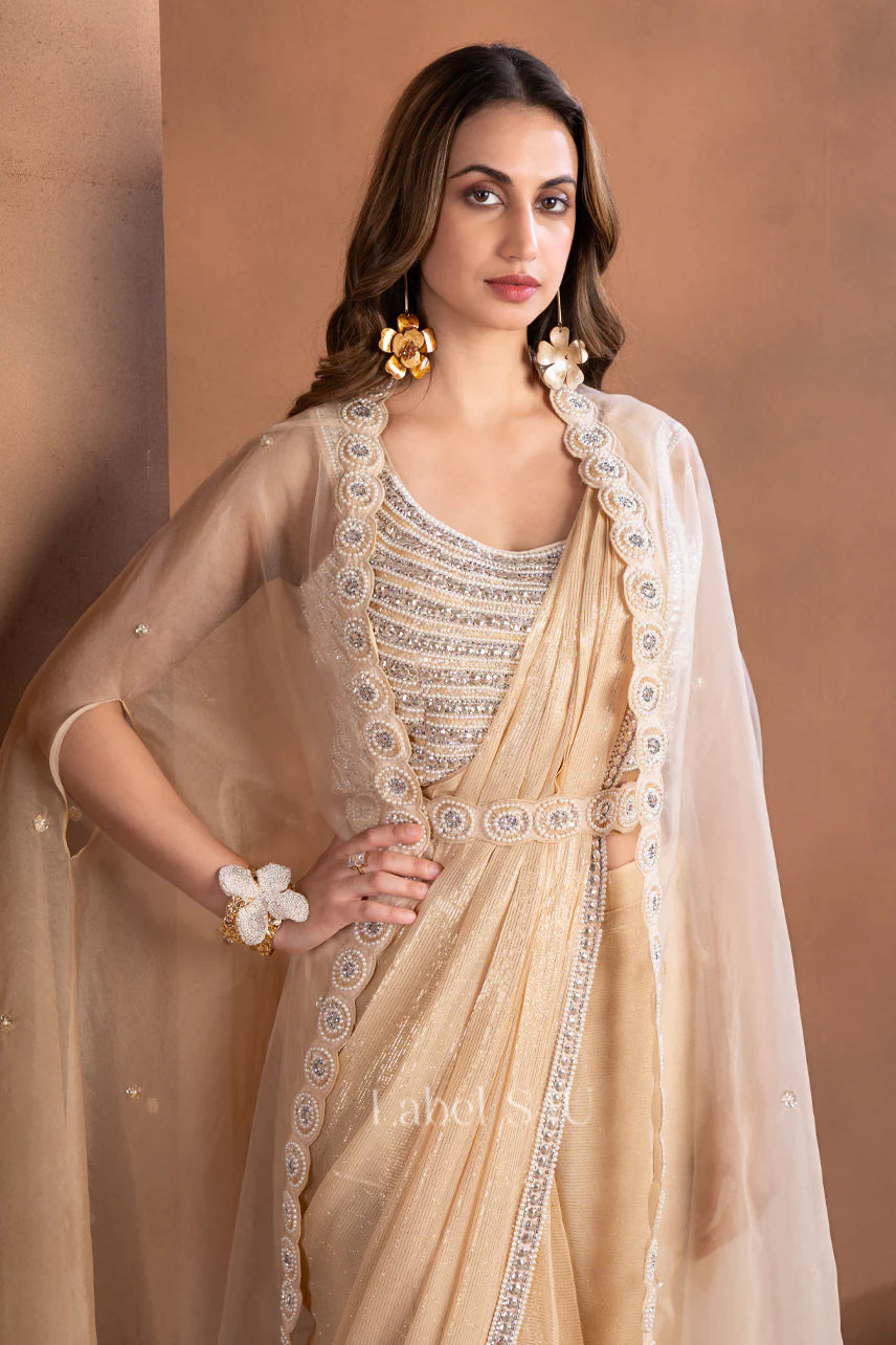 Champagne Gold Shimmer Saree Set with Cape – Luxe Occasion Wear |Label S4U