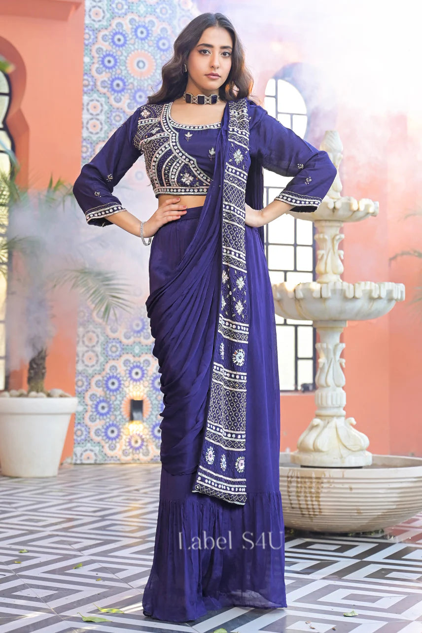 Royal Blue Ruffle Saree with Embellished Blouse – Luxe Occasion Wear |Label S4U