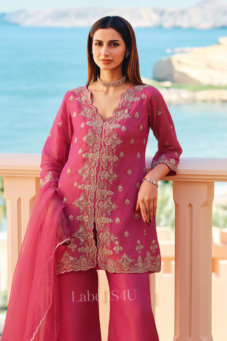Fuchsia Pink Peplum Kurta Set – Gold Embroidered Festive Wear