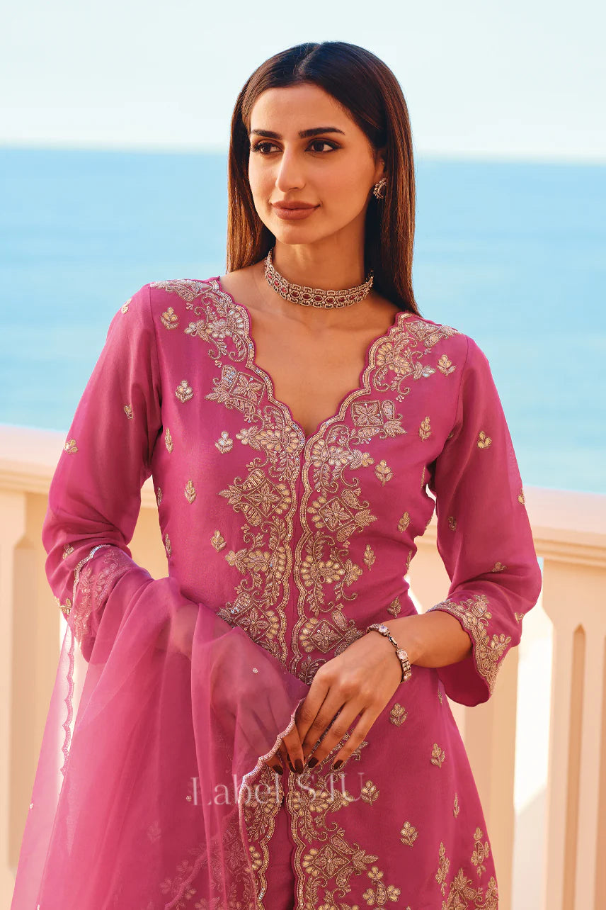 Fuchsia Pink Peplum Kurta Set – Gold Embroidered Festive Wear |Label S4U