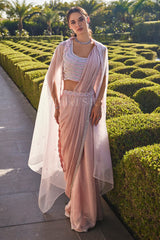 Rose Pink Draped Saree Set with Embellished Cape & Blouse |Label S4U