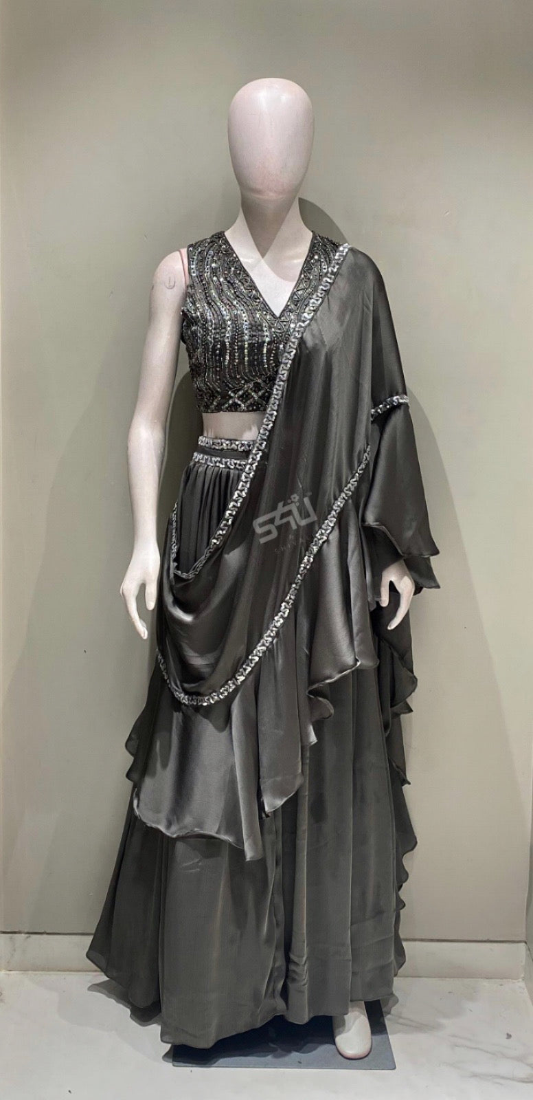 Charcoal Grey Indo-Western Draped Gown – Sequined Evening Wear |Label S4U