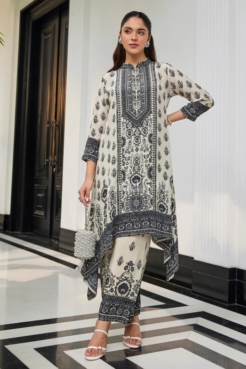 Monochrome Ecru & Black Printed Asymmetric Kurta Set |Label S4U