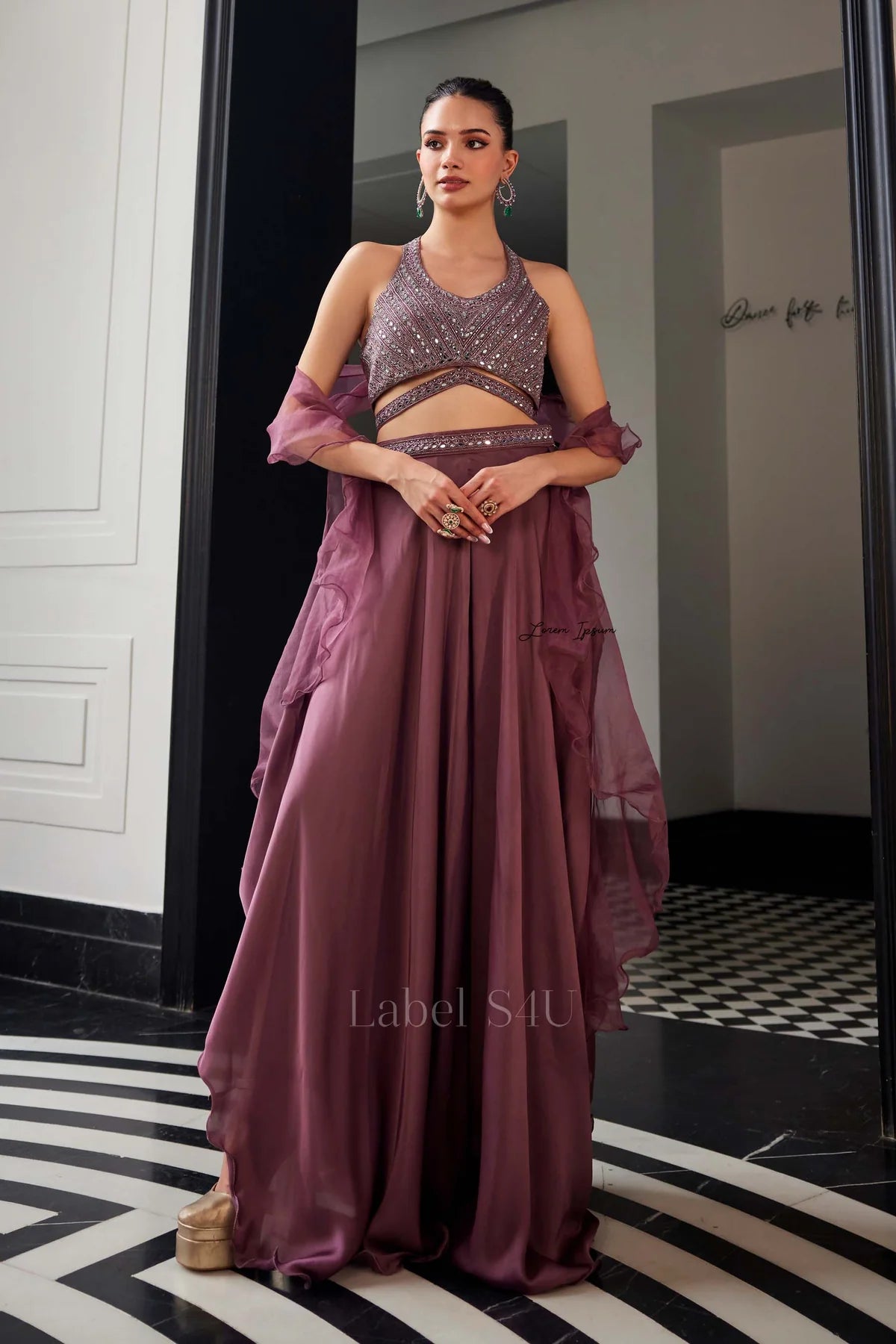 Mulberry Purple Embellished Crop Top with Flowing Lehenga Set |Label S4U