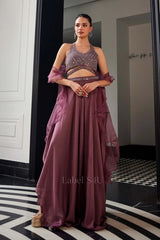Mulberry Purple Embellished Crop Top with Flowing Lehenga Set |Label S4U