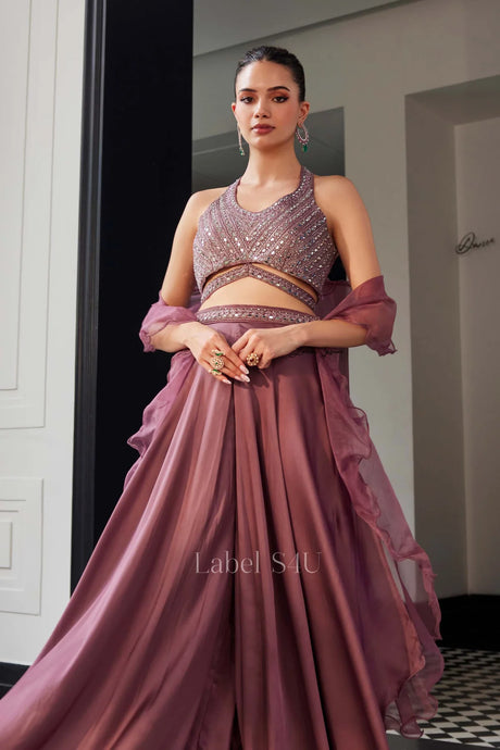 Mulberry Purple Embellished Crop Top with Flowing Lehenga Set