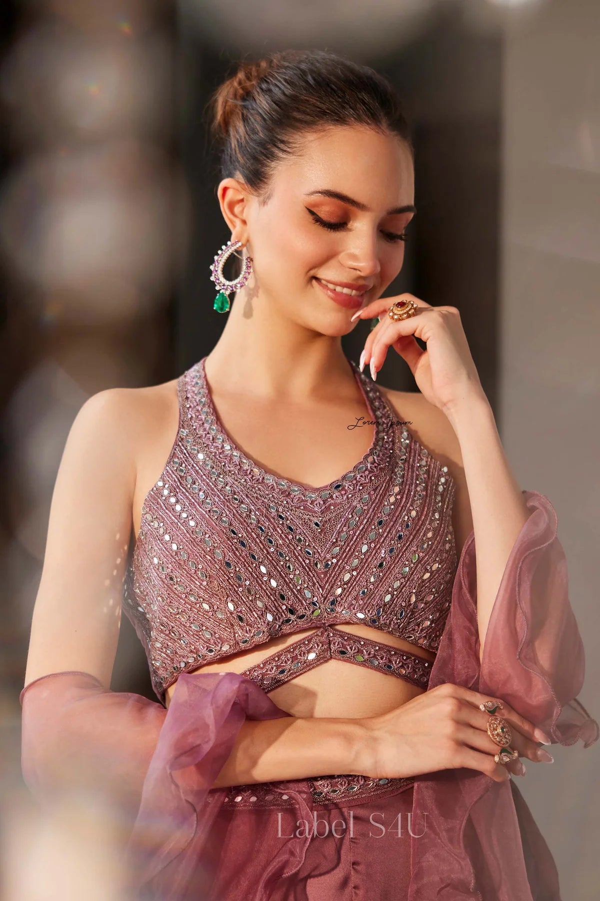 Mulberry Purple Embellished Crop Top with Flowing Lehenga Set |Label S4U