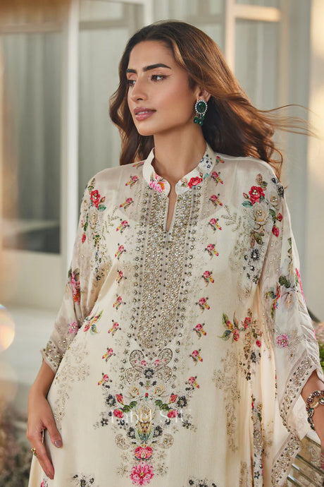 Cream Floral Print Kaftan Sharara Set with Embellished Yoke