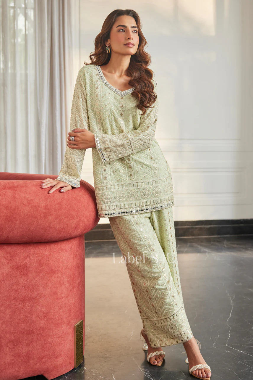 Pastel Pistachio Mirror Work Kurta Set |Label S4U