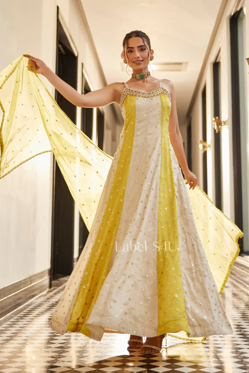 Sunny Yellow & Ivory Striped Anarkali Gown with Dupatta