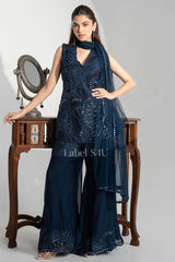 Deep Midnight Blue Embellished Peplum Top Sharara Set with Dupatta |Label S4U