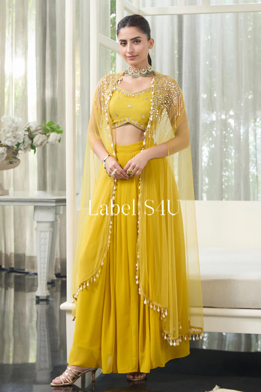 Radiant Mustard Yellow Embellished Cape Lehenga Set |Label S4U