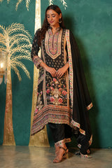 Midnight Black Mughal Embroidered 3-Piece Suit with Dupatta |Label S4U
