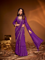 Royal Purple Pre-Draped Ruffle Saree with Embellished Blouse