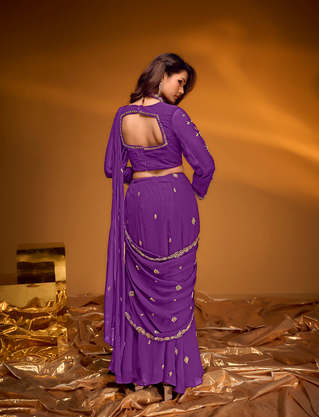 Royal Purple Pre-Draped Ruffle Saree with Embellished Blouse