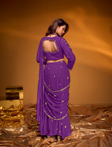 Royal Purple Pre-Draped Ruffle Saree with Embellished Blouse