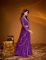 Royal Purple Pre-Draped Ruffle Saree with Embellished Blouse
