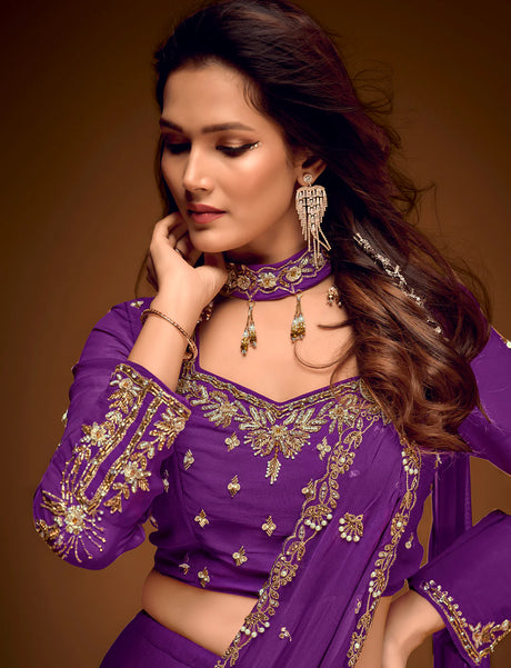 Royal Purple Pre-Draped Ruffle Saree with Embellished Blouse