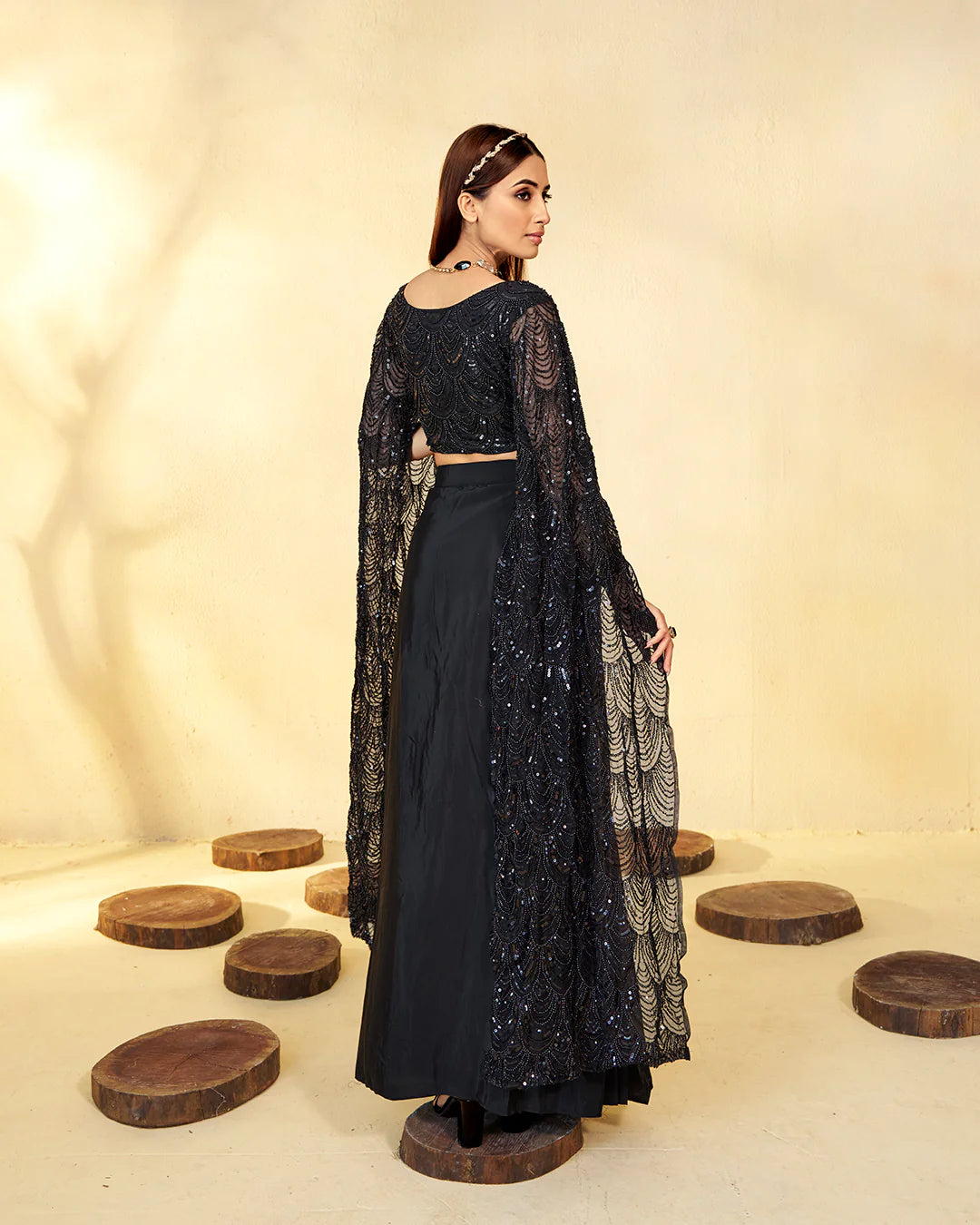 Black Crop Top Palazzo Set with Flared Sleeves