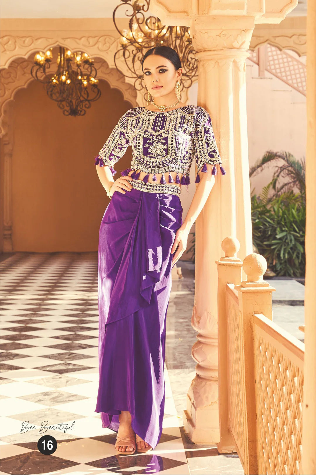 Purple Draped Skirt Set with Mirror & Zari Embroidered Blouse