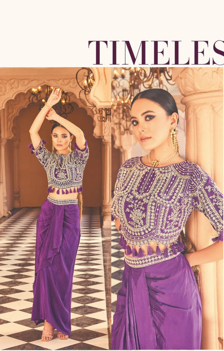 Purple Draped Skirt Set with Mirror & Zari Embroidered Blouse
