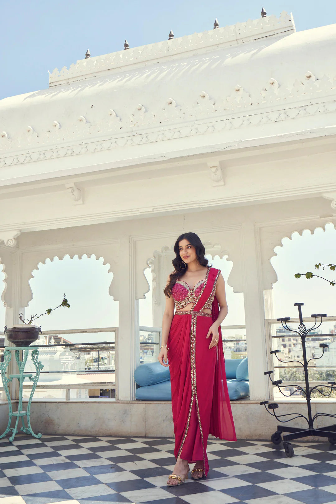 Crimson Embellished Draped Saree Gown with Corset Blouse