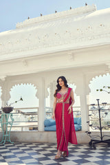 Crimson Embellished Draped Saree Gown with Corset Blouse