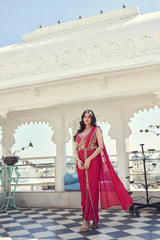 Crimson Embellished Draped Saree Gown with Corset Blouse