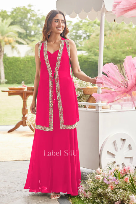 Rani Pink Georgette Sharara Set with Mirror-Embroidered Jacket |Label S4U