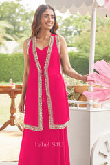 Rani Pink Georgette Sharara Set with Mirror-Embroidered Jacket |Label S4U