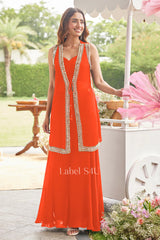 Orange Georgette Sharara Set with Mirror-Embroidered Jacket |Label S4U