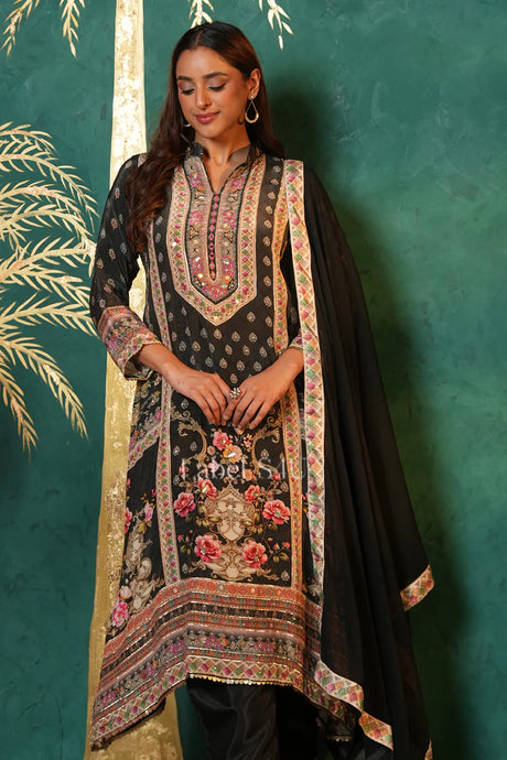 Midnight Black Mughal Embroidered 3-Piece Suit with Dupatta |Label S4U