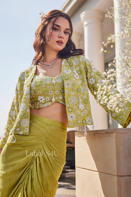 Chartreuse Drape Skirt Set with Embroidered Cape