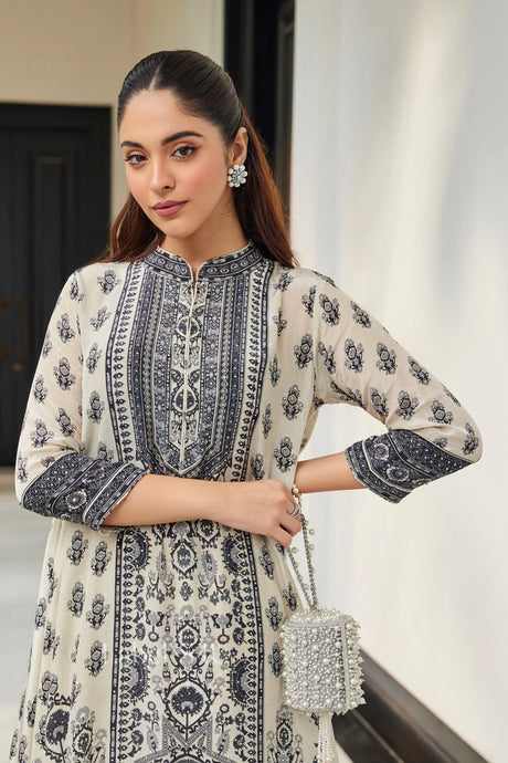 Monochrome Ecru & Black Printed Asymmetric Kurta Set |Label S4U