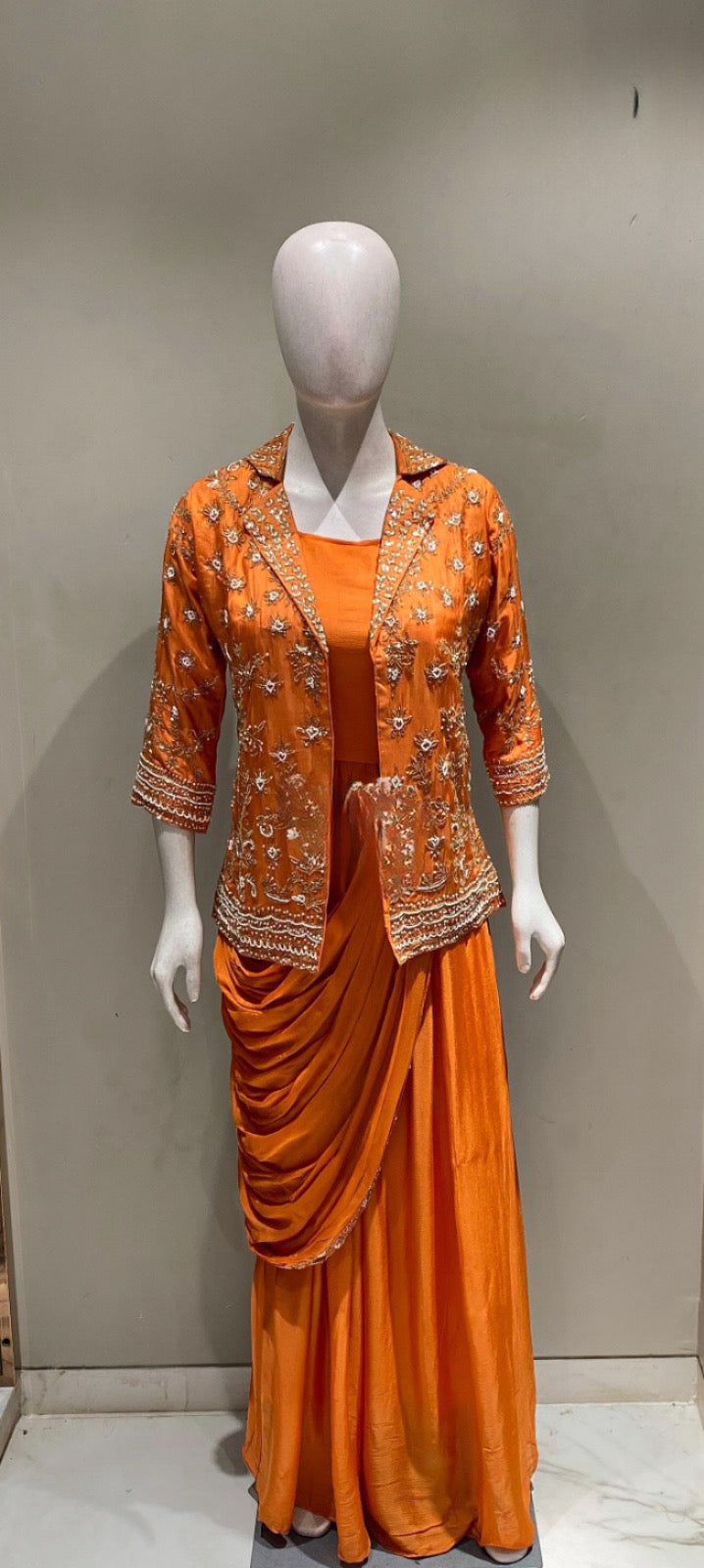 Zesty Orange Embellished Jacket Gown |Label S4U