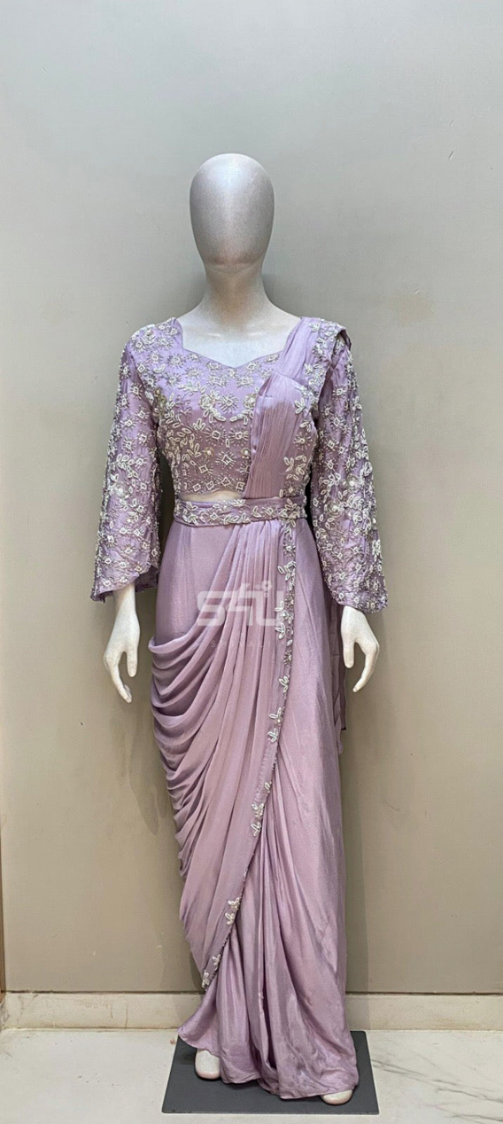 Lilac Pre-Draped Embellished Saree Set |Label S4U