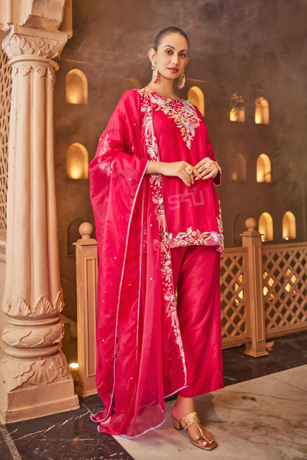 Ruby Red Embroidered Asymmetric Kurta Set with Dupatta
